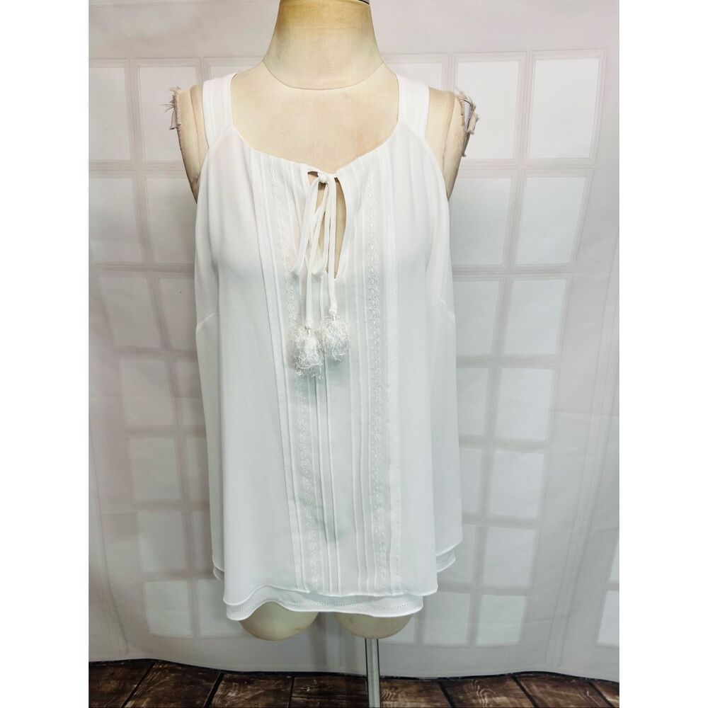 White House Black Market White Tassel Tie Pintuck Layered Hem Blouse Top Size XL
